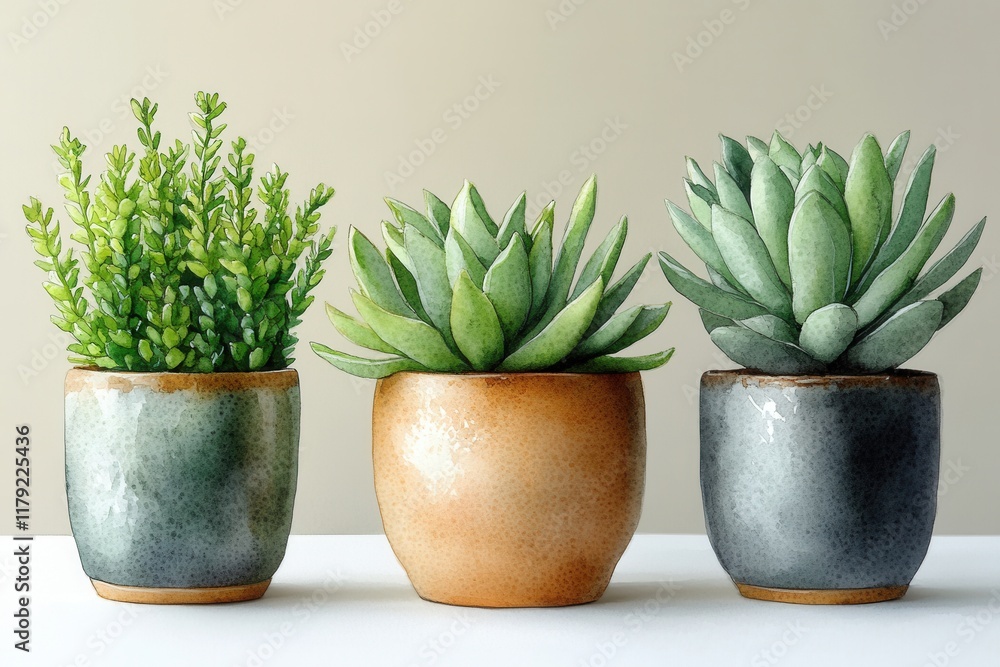 Three decorative pots with vibrant succulent plants arranged on a neutral background. Three decorative pots with vibrant succulent plants arranged on a neutral background.