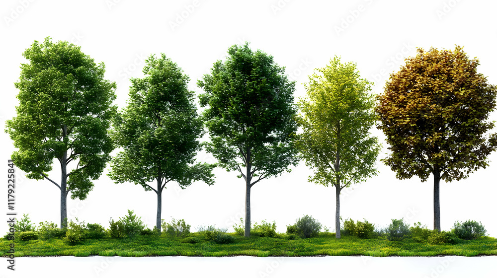 Fototapeta premium Five Trees Changing Colors on a Grassy Island with a White Background