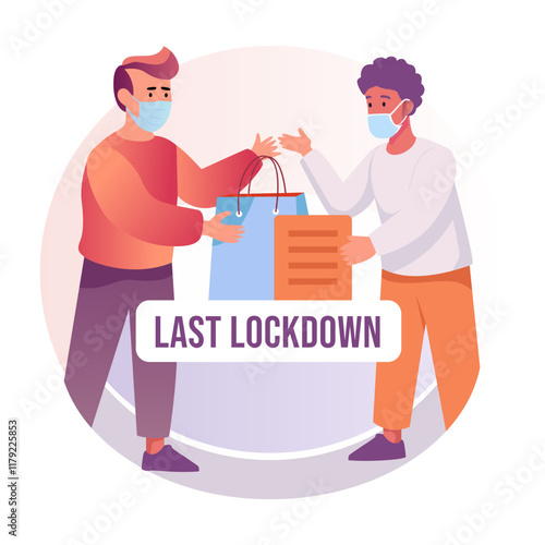 A flat illustration of a customer bargaining with shopkeeper with last lockdown typography 

