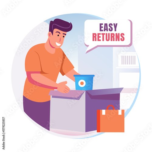 A flat illustration of a character happy on easy return policy 

