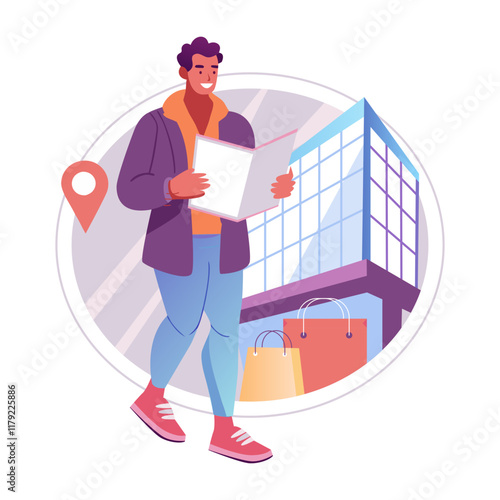 A flat illustration of a character finding shopping location 


