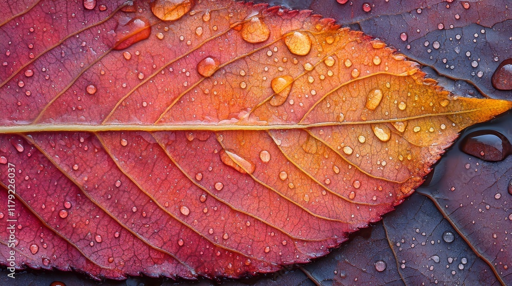 Fototapeta premium Autumn Leaf Water Droplets Closeup Detail