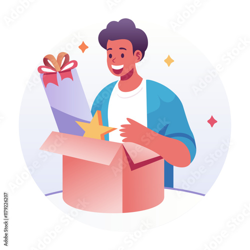 A flat illustration of happy character get surprise gift 

