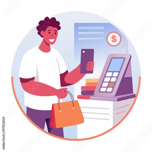 A flat illustration of a character using mobile payment method 

