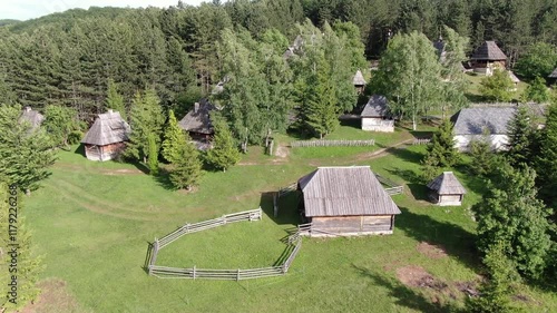 Zoom in Aerial View of Ethnic Village in Sirogojno, Serbia. Drone Shot photo