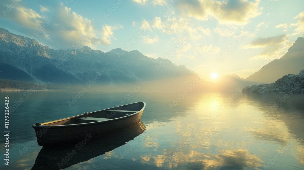 Fototapeta Serene sunrise over calm lake with small rowboat.