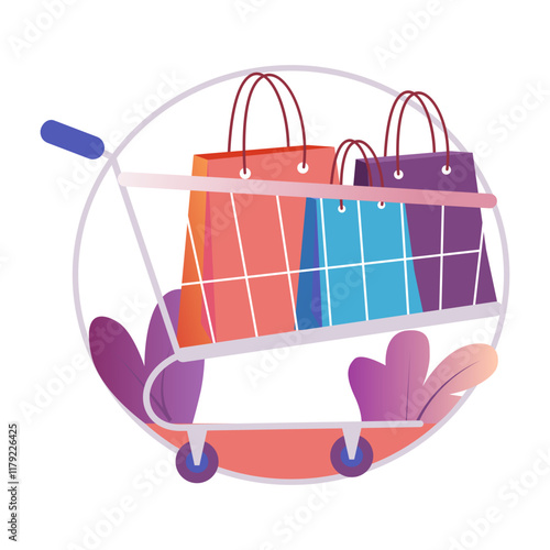 A flat illustration of shopping bags in a cart 

