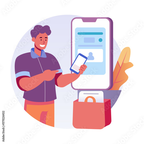 A flat illustration of a character using m commerce app 

