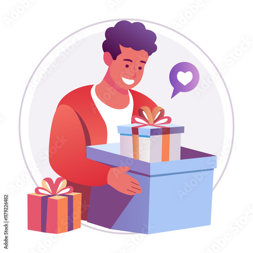 A flat illustration of a character unboxing his gift 

