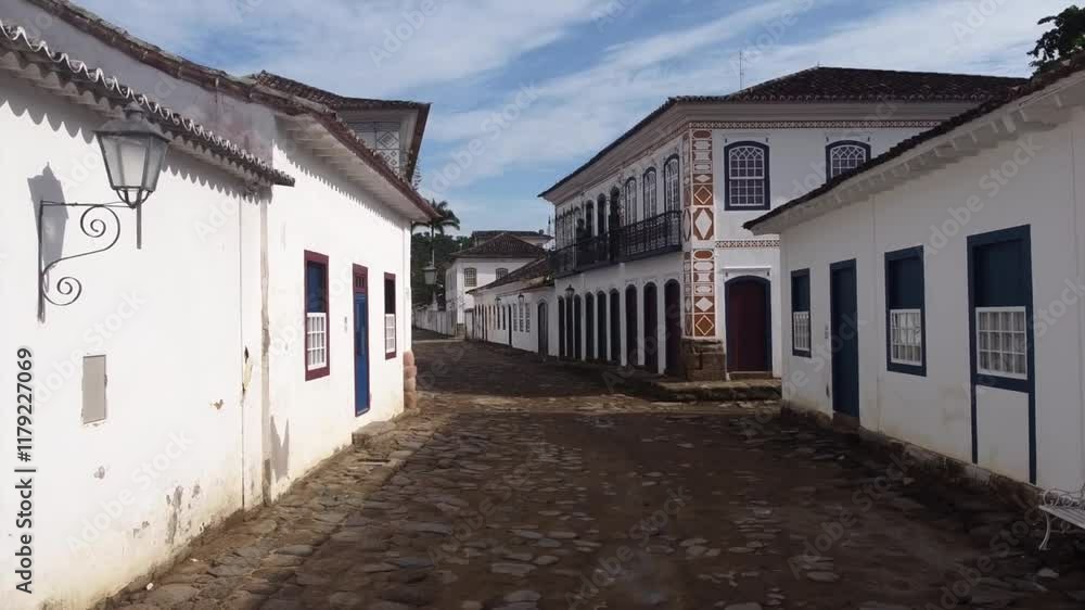 Aerial flying of wide street in historic center of Paraty on sunny day, Brazil Aerial flying of wide street in historic center of Paraty on sunny day, Brazil