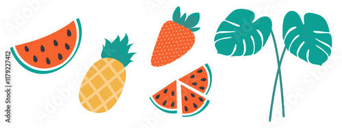 Monstera leaves on stem, strawberry, pineapple and watermelon slices. Summer design elements Set 5