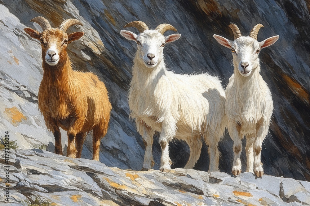 Three goats standing on rocky terrain, showcasing their distinct fur colors and horns. Three goats standing on rocky terrain, showcasing their distinct fur colors and horns.