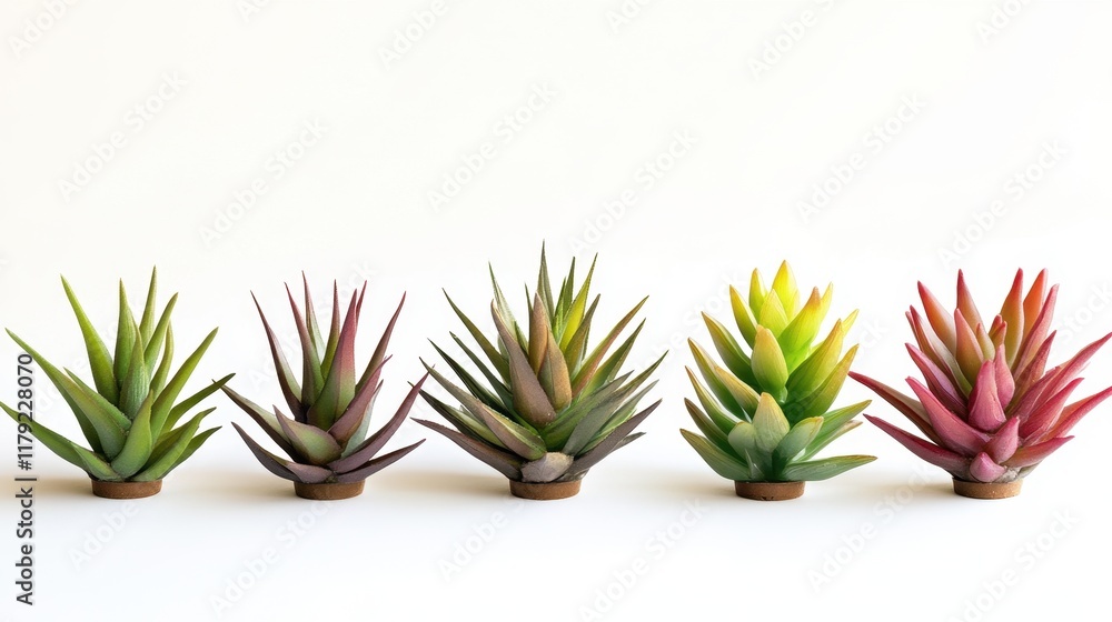 Fototapeta premium Vibrant succulent collection against white background.