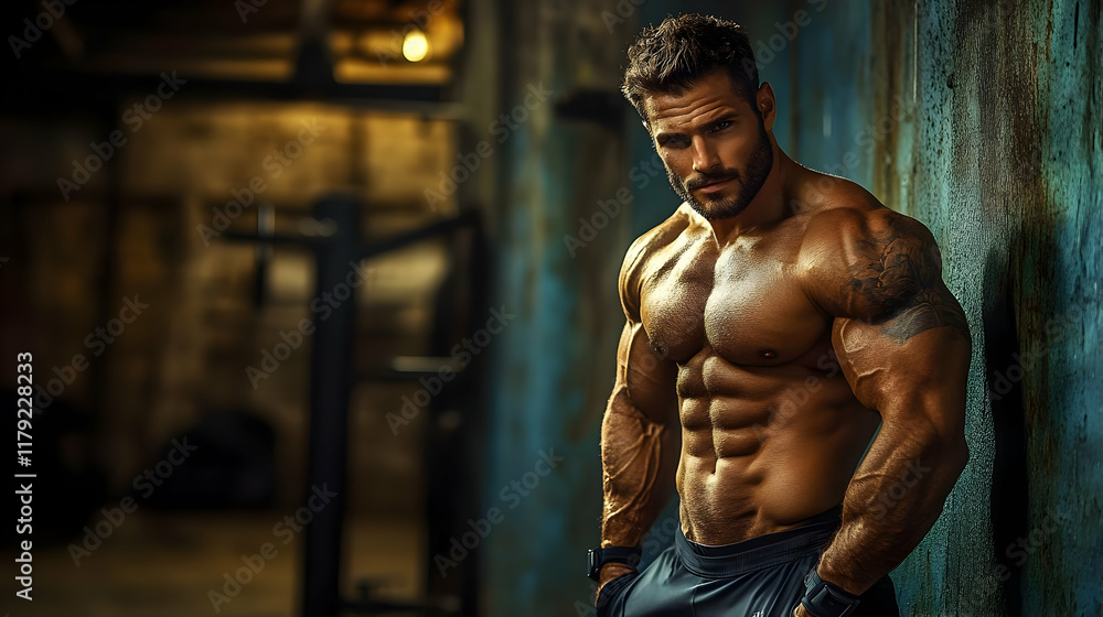 Muscular Man Poses Confidently in a Grungy Gym, Showcasing His Physique and Tattoo Muscular Man Poses Confidently in a Grungy Gym, Showcasing His Physique and Tattoo