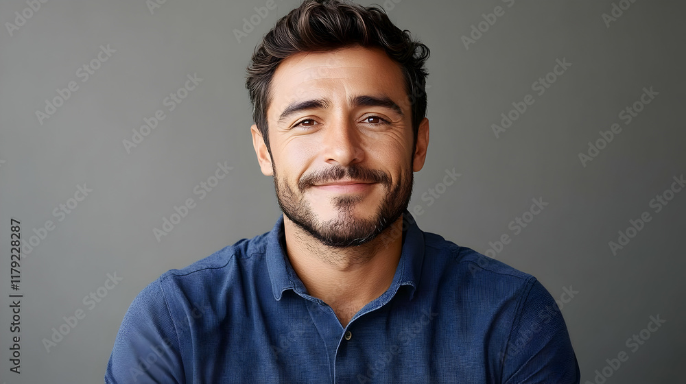 Portrait of a Smiling Man with Short Dark Hair and a Beard, Wearing a Dark Blue Shirt Against a Gray Background Portrait of a Smiling Man with Short Dark Hair and a Beard, Wearing a Dark Blue Shirt Against a Gray Background