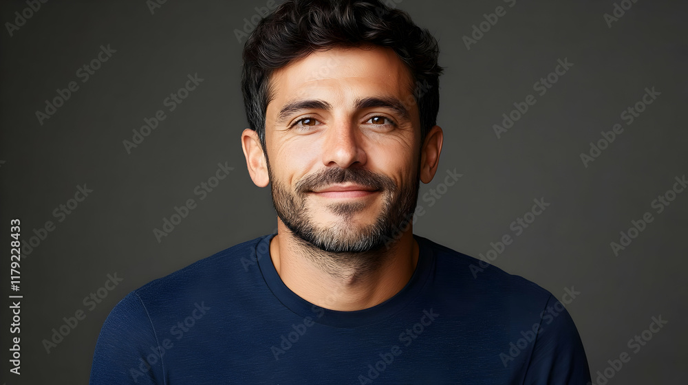 Portrait of a Man Smiling Gently Against a Gray Backdrop Portrait of a Man Smiling Gently Against a Gray Backdrop
