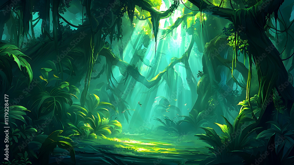 Fototapeta premium Lush jungle path sunlight dappled rainforest background game design.
