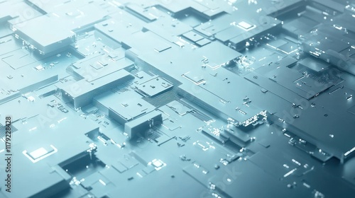 Abstract metallic surface with geometric shapes and glowing elements.