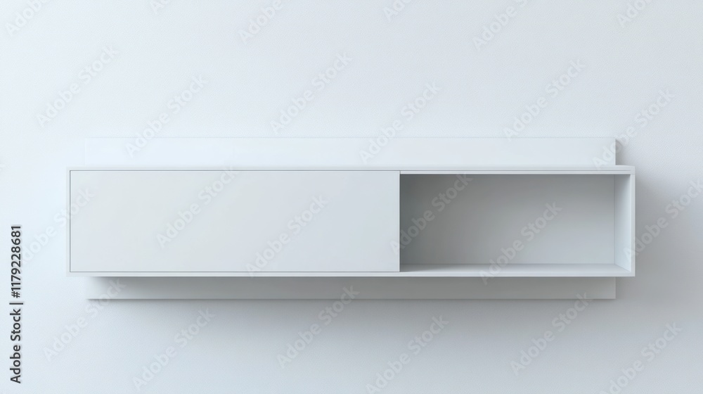Minimalist white wall-mounted media cabinet with sliding door and open shelf. Minimalist white wall-mounted media cabinet with sliding door and open shelf.