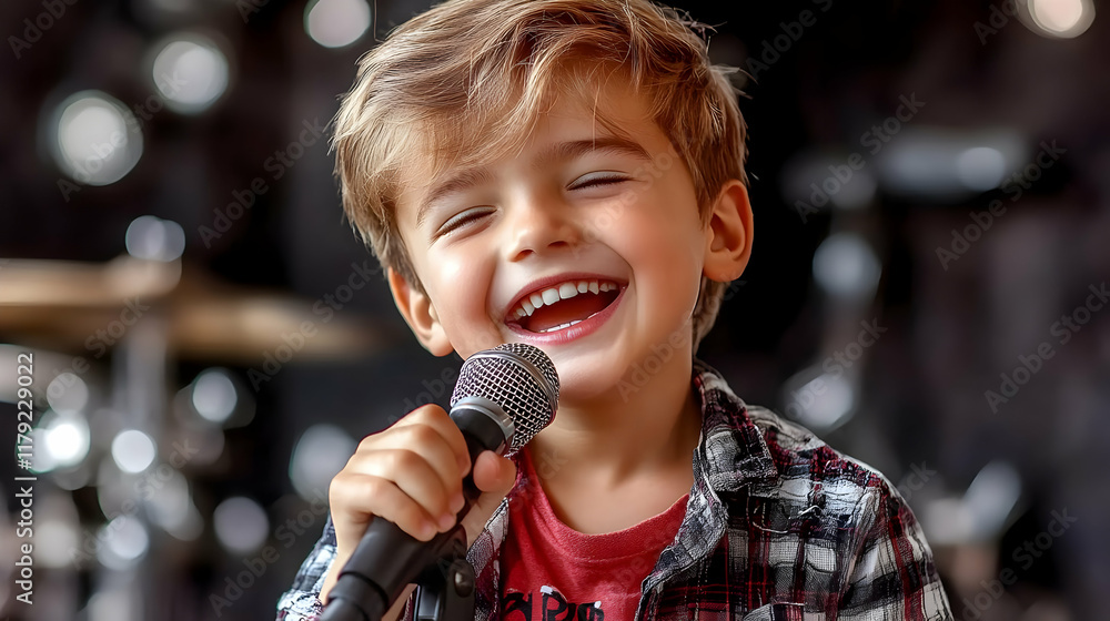 A Young Child Sings Joyfully into a Microphone on Stage with Bright Lights in the Background A Young Child Sings Joyfully into a Microphone on Stage with Bright Lights in the Background
