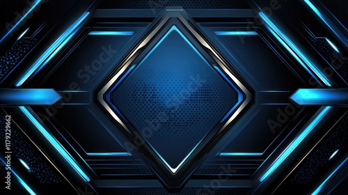 Abstract dark blue geometric background with glowing lines and metallic frame.