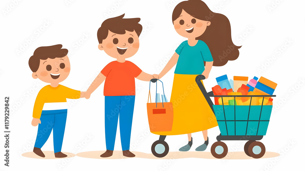 Happy Family Shopping: Mother with Two Sons Enjoy a Grocery Store Trip with Full Cart and Bags Happy Family Shopping: Mother with Two Sons Enjoy a Grocery Store Trip with Full Cart and Bags