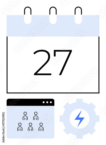 Calendar page with large date, group icon in a browser window, gear with bolt. Ideal for scheduling, teamwork, productivity, planning, time management, organization abstract line flat metaphor