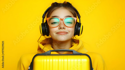 Young Woman Holds Yellow Suitcase and Wears Headphones and Glasses, Ready for Travel Adventure