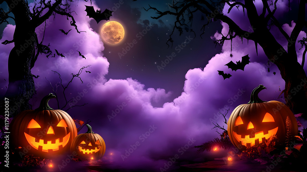 Spooky Halloween Night Illustration with Pumpkins, Bats, and a Full Moon in a Purple Sky Spooky Halloween Night Illustration with Pumpkins, Bats, and a Full Moon in a Purple Sky