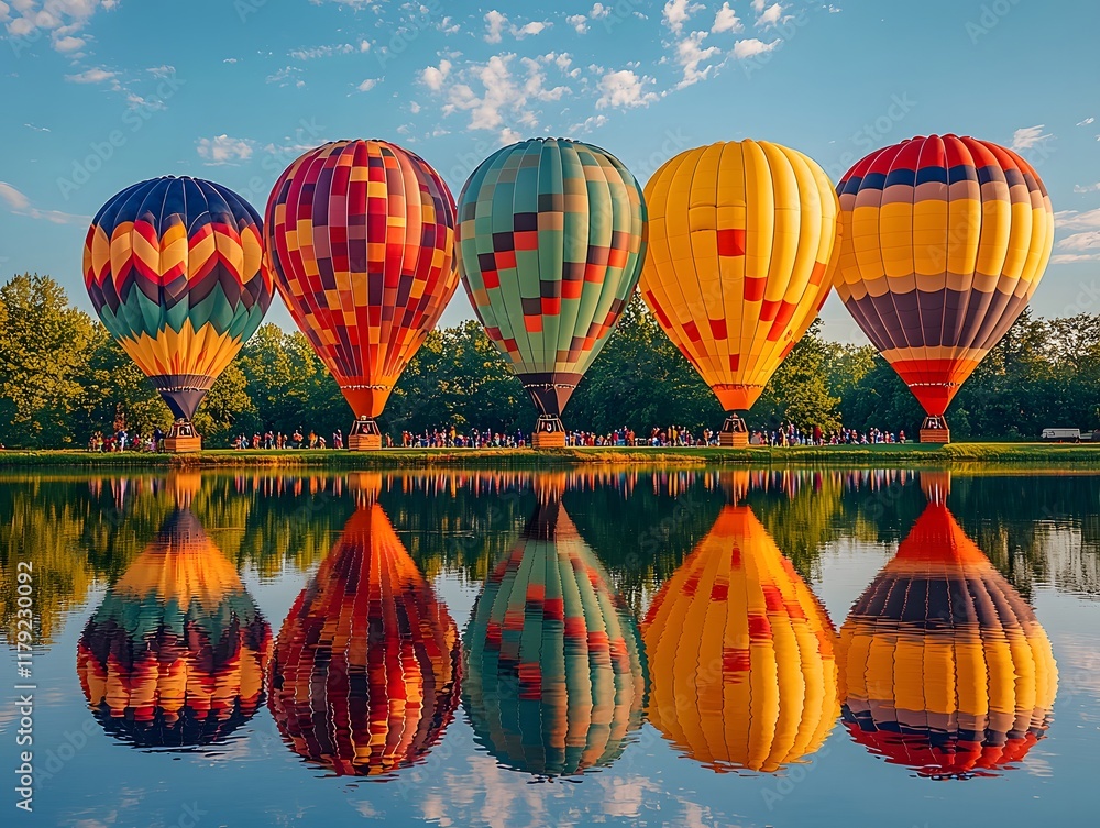 Fototapeta premium Colorful Hot Air Balloons Reflected in Serene Lake at Sunset Picturesque Scenic Landscape Background with Vibrant Mirrored Reflection