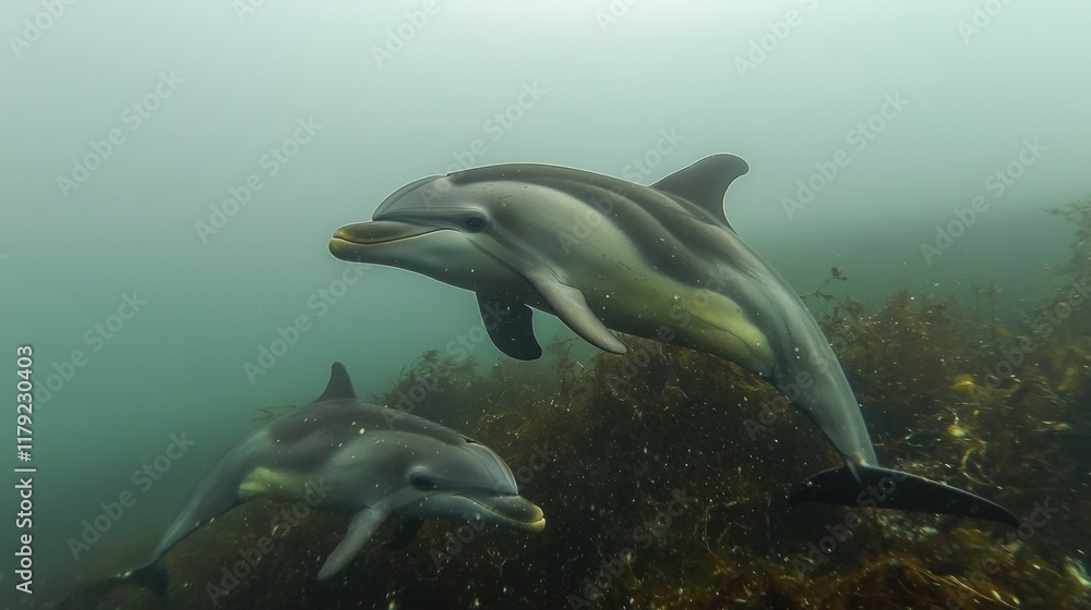 Obraz premium Two dusky dolphins swimming near kelp forest.