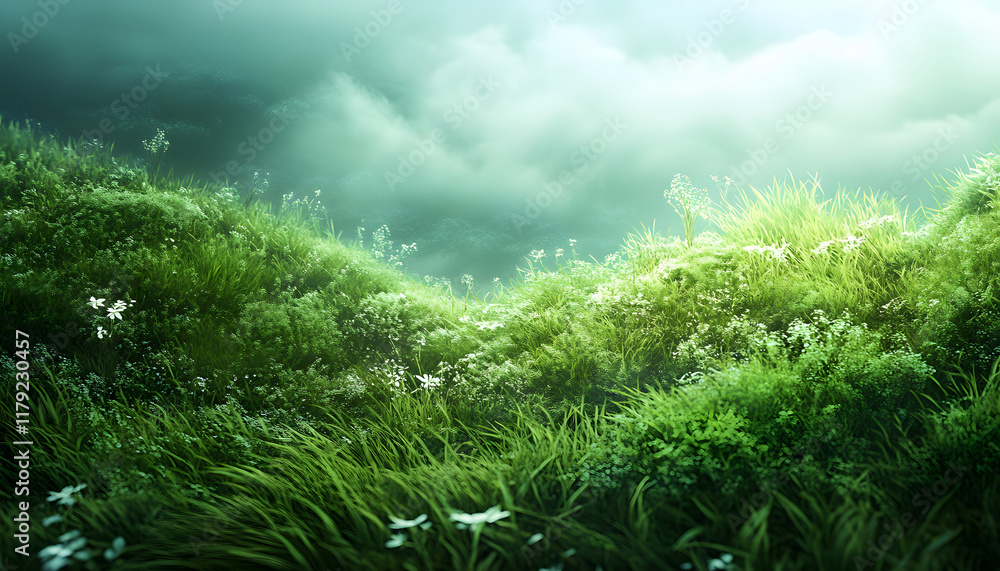 Lush Green Hillscape Underneath a Misty Sky Lush Green Hillscape Underneath a Misty Sky