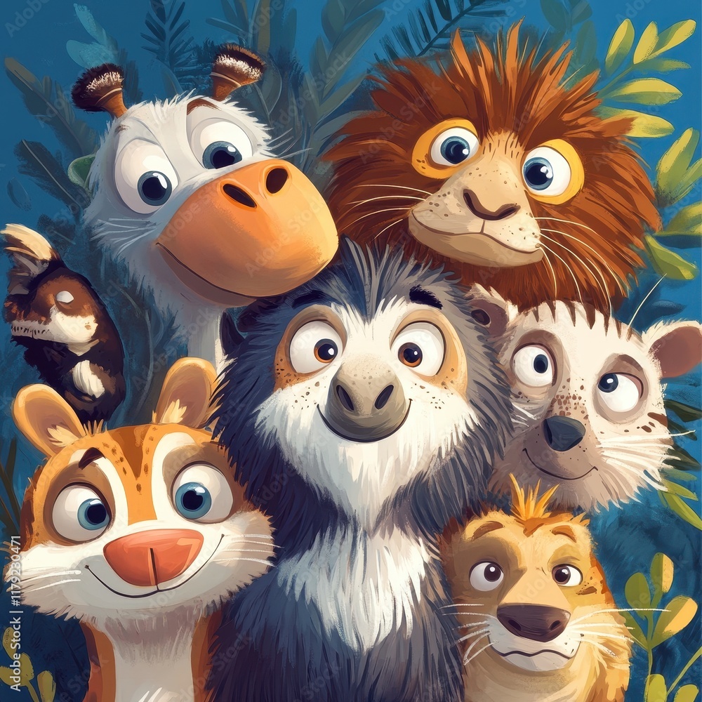 Fototapeta premium Happy Cartoon Animals Group Selfie Tropical Background
