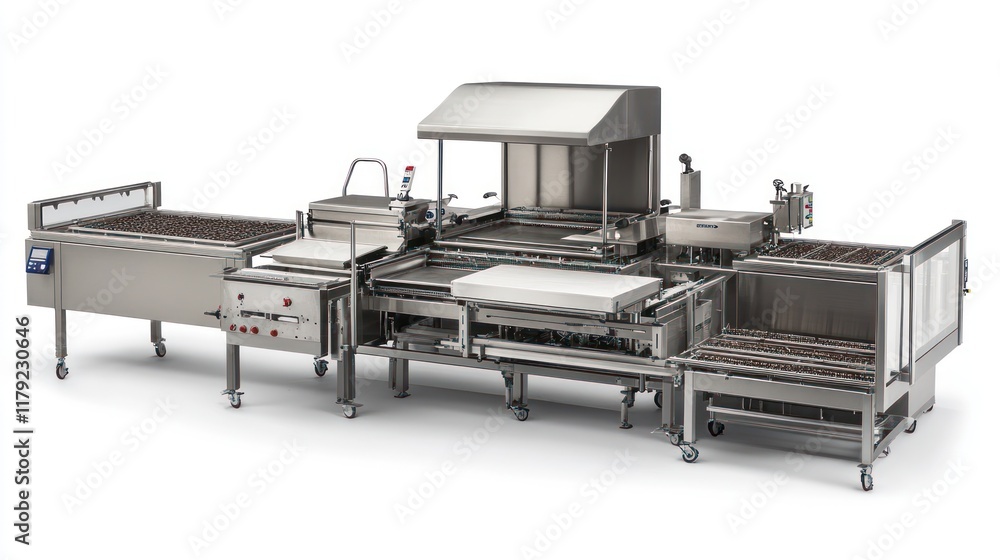 Industrial food processing machine with conveyor belts and stainless steel construction. Industrial food processing machine with conveyor belts and stainless steel construction.