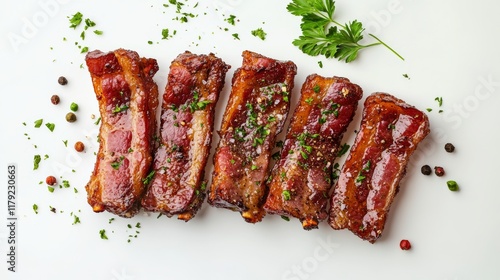 Crispy strip of bacon with a golden-brown finish, placed on a white background photo