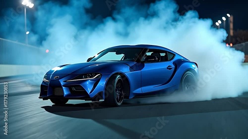 Blue Sports Car Drifting with Smoke on Track