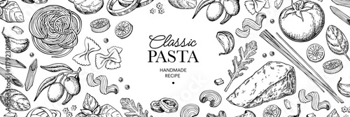 Italian pasta template. Vector food drawing label. Homemade traditional pasta ingredients. Mediterranean 