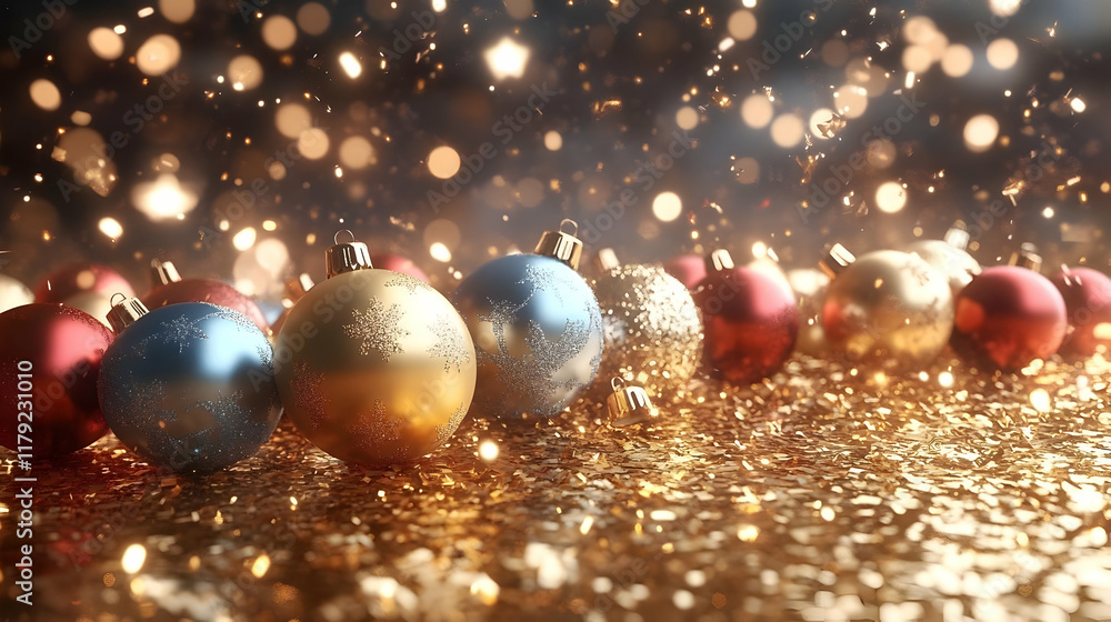 Fototapeta premium Christmas Ornaments Sparkle on Glittering Gold Background with Festive Lights and Confetti
