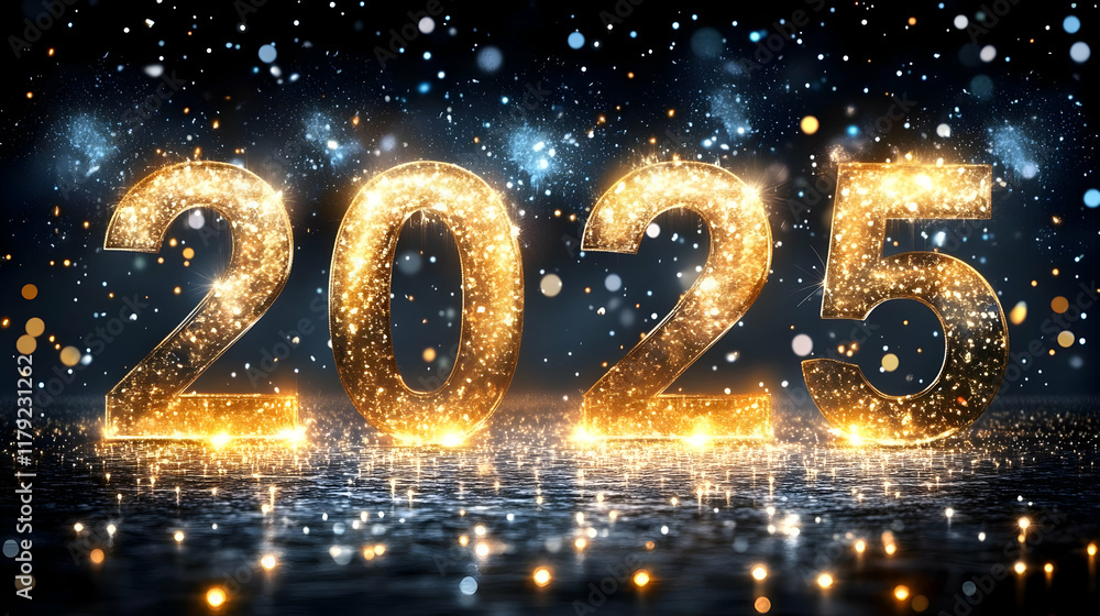 Golden 2025 Sparkles on Reflective Surface with Abstract Lights and Particles Golden 2025 Sparkles on Reflective Surface with Abstract Lights and Particles