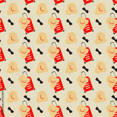 Travel suitcase, sunglasses and Wide brimmed hat Seamless pattern. Touristic background or wallpaper