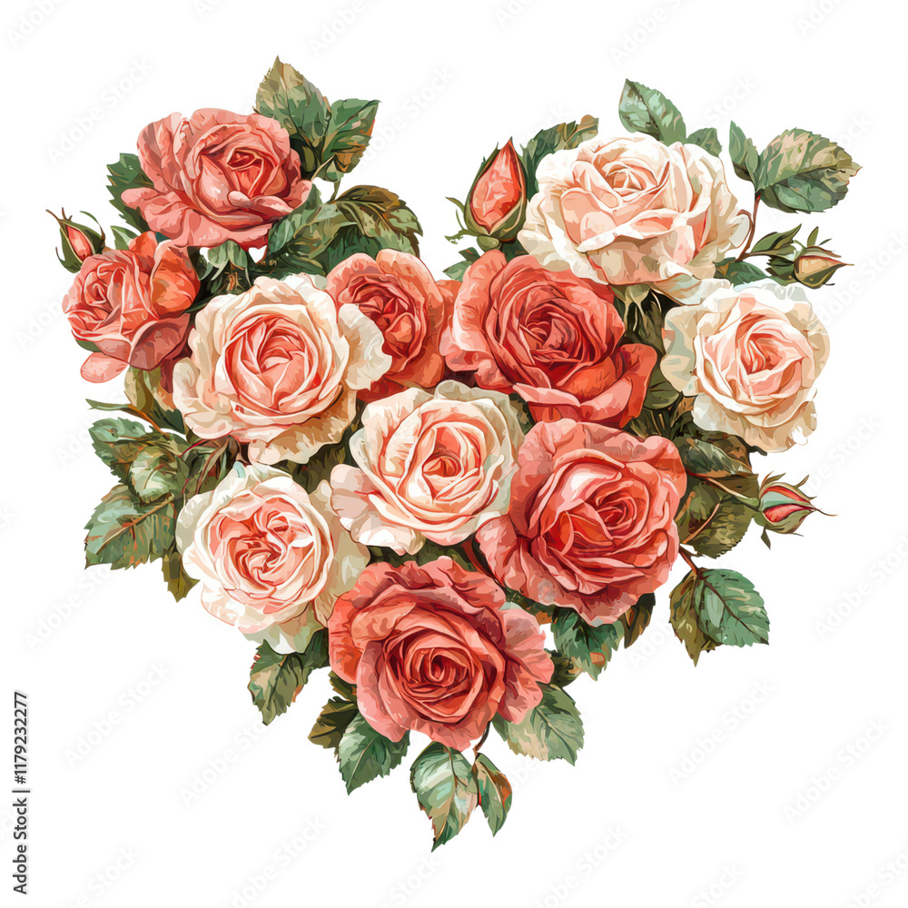 Romantic floral arrangement of roses in heart shape nature digital illustration vibrant colors Romantic floral arrangement of roses in heart shape nature digital illustration vibrant colors