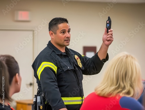 A community safety workshop featuring a firefighter, captured in a professional image, highlighting public safety and emergency preparedness. photo