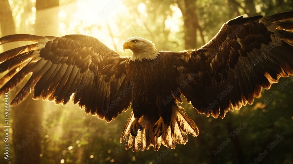 Fototapeta premium Majestic bald eagle in flight, wings spread wide, backlit by golden sunlight filtering through lush green forest.