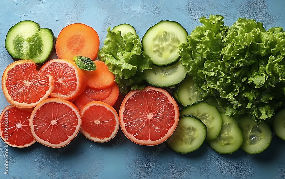 Sliced citrus, cucumber, carrot, lettuce. Sliced citrus, cucumber, carrot, lettuce.