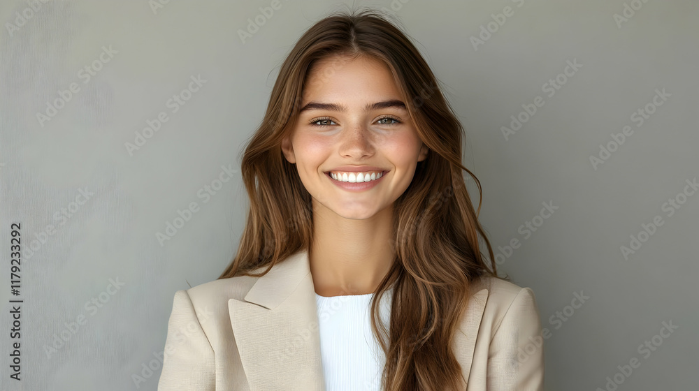 Portrait of a Smiling Young Woman with Long Brown Hair wearing a Light Brown Blazer and White Shirt Portrait of a Smiling Young Woman with Long Brown Hair wearing a Light Brown Blazer and White Shirt