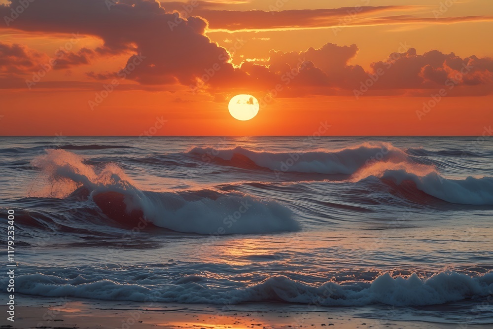 A panoramic view of ocean at sunset, with sun casting a golden glow on water, creating a mesmerizing display of shimmering waves, evoking a sense of tranquility and awe-inspiring beauty, perfect for a A panoramic view of ocean at sunset, with sun casting a golden glow on water, creating a mesmerizing display of shimmering waves, evoking a sense of tranquility and awe-inspiring beauty, perfect for a