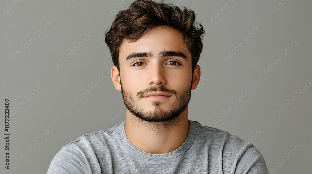 Portrait of a Young Man with Brown Hair and Beard, Wearing Gray Shirt, Looking Directly at the Camera with a Neutral Expression Portrait of a Young Man with Brown Hair and Beard, Wearing Gray Shirt, Looking Directly at the Camera with a Neutral Expression