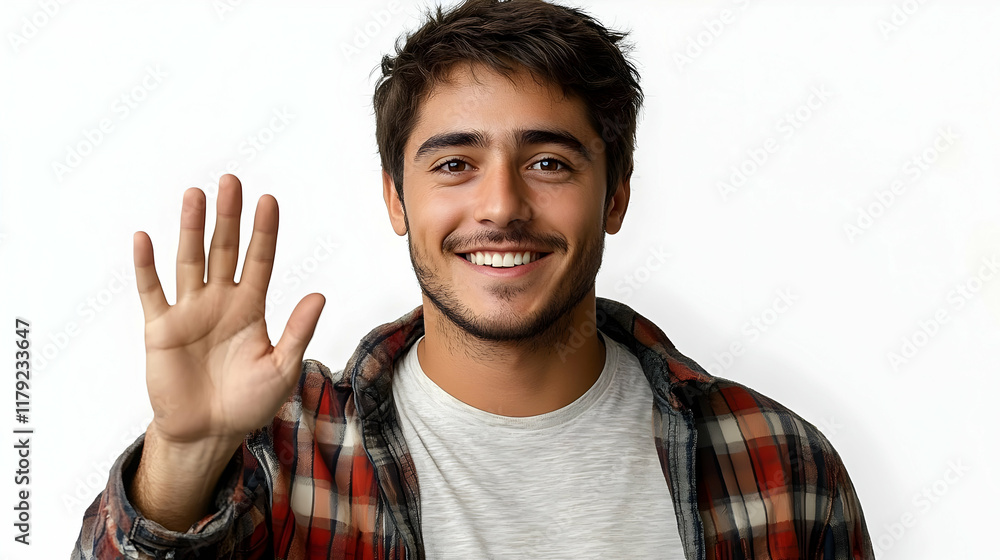 Smiling Man Waves Hello with Open Hand against White Background Smiling Man Waves Hello with Open Hand against White Background