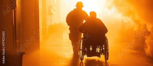 Wallpaper Mural A person in a wheelchair receives assistance from a firefighter, highlighting support and accessibility in emergency situations. Torontodigital.ca