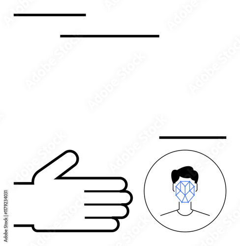 Hand gesture beside face scan with geometric grid surrounded by framing lines. Ideal for biometrics, security, authentication, AI technology, digital identity, data privacy, abstract line flat